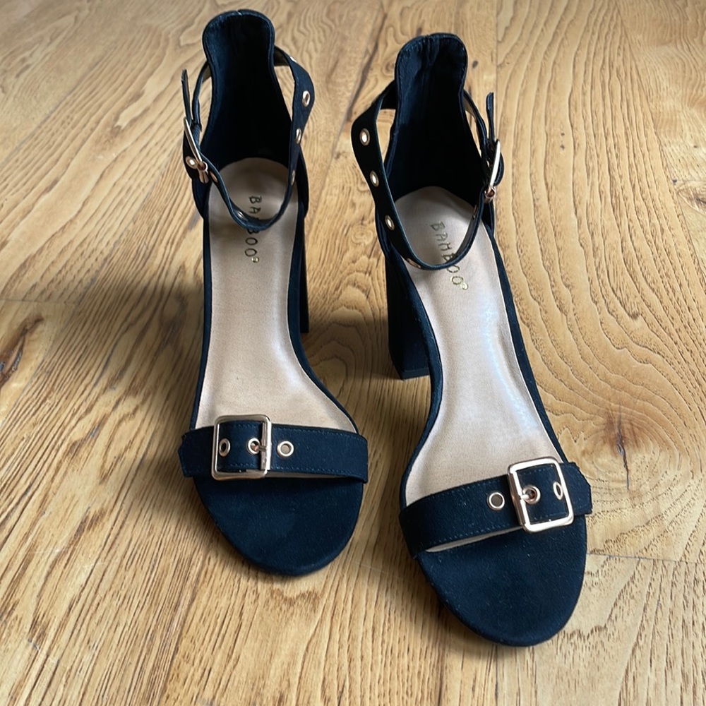 Black suede heels with ankle strap- Size 7 1/2